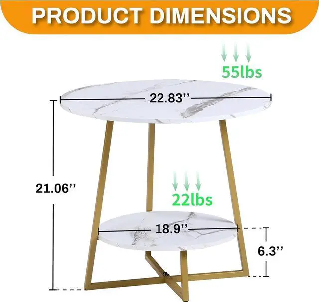 Alt view image 2 of 7 - D&H FURNIMMT Accent Side Tables Living Room, 22" Modern Round End Table with Metal Frames, Bedside Round Nightstand, Small Coffee Table for Small Spaces, White Faux Marble/Gold