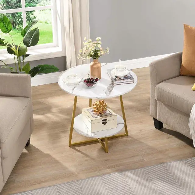 Alt view image 3 of 7 - D&H FURNIMMT Accent Side Tables Living Room, 22" Modern Round End Table with Metal Frames, Bedside Round Nightstand, Small Coffee Table for Small Spaces, White Faux Marble/Gold