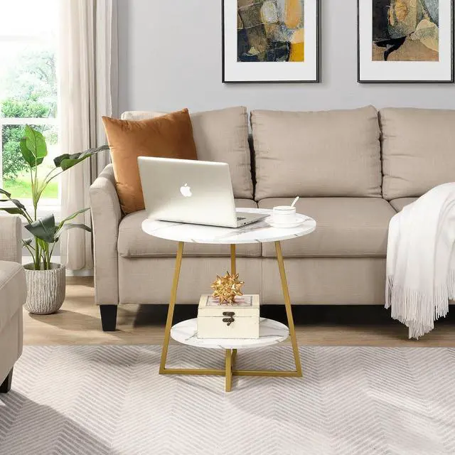 Alt view image 5 of 7 - D&H FURNIMMT Accent Side Tables Living Room, 22" Modern Round End Table with Metal Frames, Bedside Round Nightstand, Small Coffee Table for Small Spaces, White Faux Marble/Gold