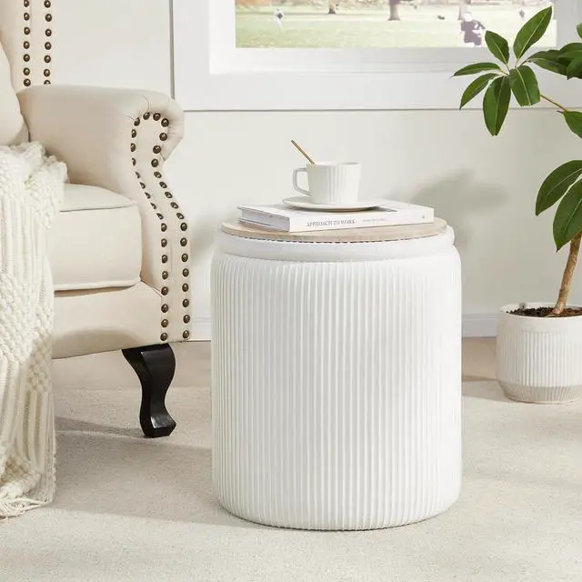 Alt view image 2 of 7 - Round Ottoman with Storage Set of 2,Vanity Stool with Storage for Bedroom, Ottoman Coffee Table,Small Velvet Foot Stool for Living Room, White