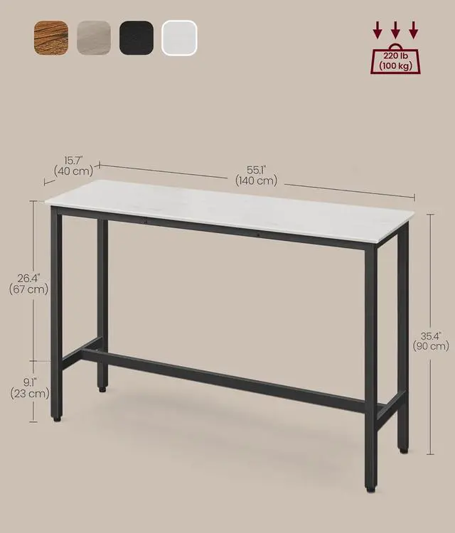 Alt view image 3 of 7 - VASAGLE Bar Table, Narrow Long Bar Table, Kitchen Dining Table, High Pub Table, Sturdy Metal Frame, Industrial Design, 15.7 x 55.1 x 35.4 Inches, Rustic White and Ink Black ULBT140B73