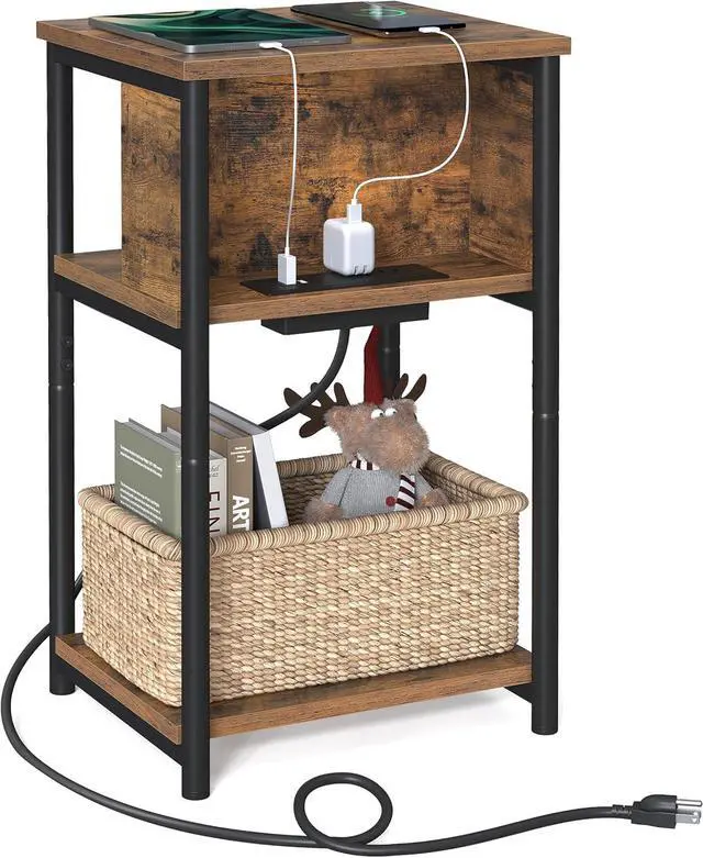 Main image of VASAGLE Side Table with Charging Station, 3-Tier End Table with USB Ports and Outlets, Nightstand for Living Room, Bedroom, 11.8 x 13.4 x 22.8 Inches, Plug-in Series, Rustic Brown and Black