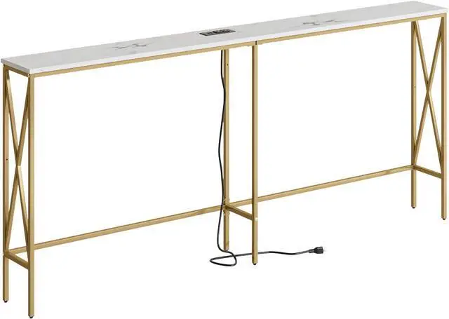 Main image of Masupu 70.9" Console Table with Power Outlet, Modern Narrow Long Sofa Table Behind Couch, Skinny Entry Table, Industrial Sofa Table with Metal Frame for Hallway, Living Room, Marble White