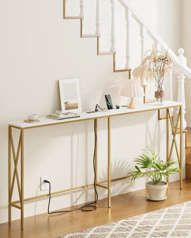 Alt view image 2 of 7 - Masupu 70.9" Console Table with Power Outlet, Modern Narrow Long Sofa Table Behind Couch, Skinny Entry Table, Industrial Sofa Table with Metal Frame for Hallway, Living Room, Marble White