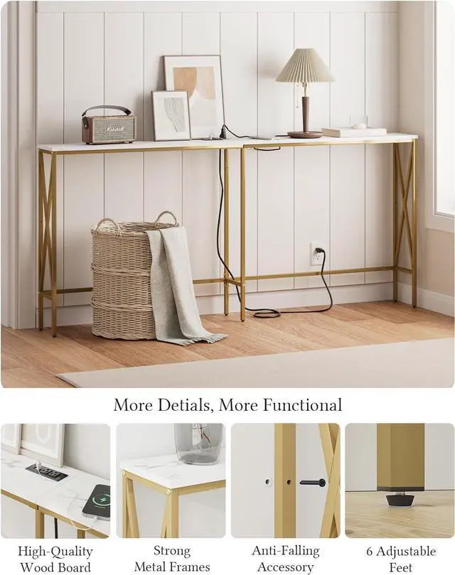 Alt view image 5 of 7 - Masupu 70.9" Console Table with Power Outlet, Modern Narrow Long Sofa Table Behind Couch, Skinny Entry Table, Industrial Sofa Table with Metal Frame for Hallway, Living Room, Marble White