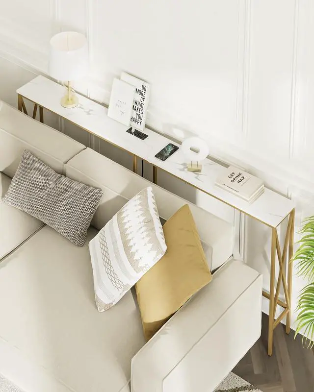 Alt view image 6 of 7 - Masupu 70.9" Console Table with Power Outlet, Modern Narrow Long Sofa Table Behind Couch, Skinny Entry Table, Industrial Sofa Table with Metal Frame for Hallway, Living Room, Marble White