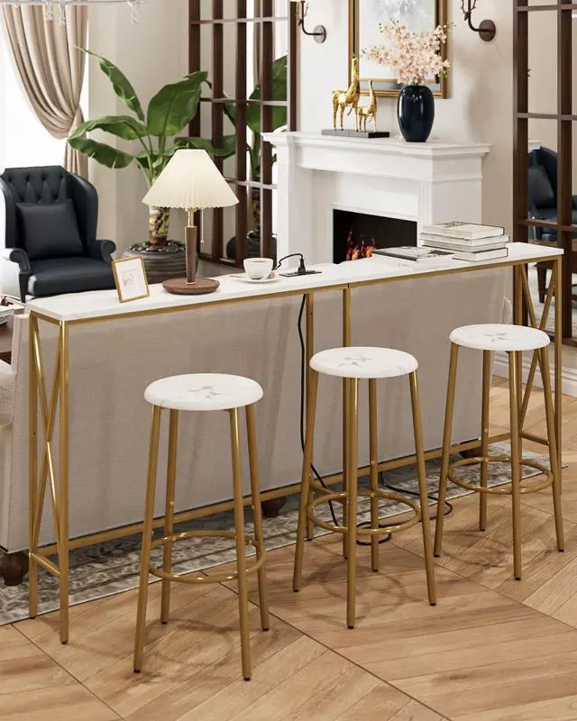 Alt view image 7 of 7 - Masupu 70.9" Console Table with Power Outlet, Modern Narrow Long Sofa Table Behind Couch, Skinny Entry Table, Industrial Sofa Table with Metal Frame for Hallway, Living Room, Marble White