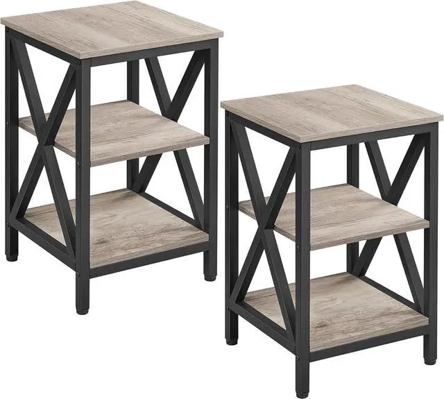 Main image of Yaheetech Industrial End Tables Set of 2, 3-Tier Side Tables with Storage Shelves for Living Room, X Design Sofa Tables, Strong Metal Frame, Easy Assembly, 16x16x24.5 In, Gray