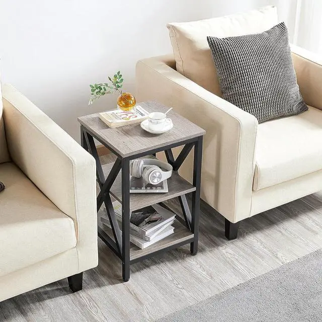 Alt view image 5 of 7 - Yaheetech Industrial End Tables Set of 2, 3-Tier Side Tables with Storage Shelves for Living Room, X Design Sofa Tables, Strong Metal Frame, Easy Assembly, 16x16x24.5 In, Gray