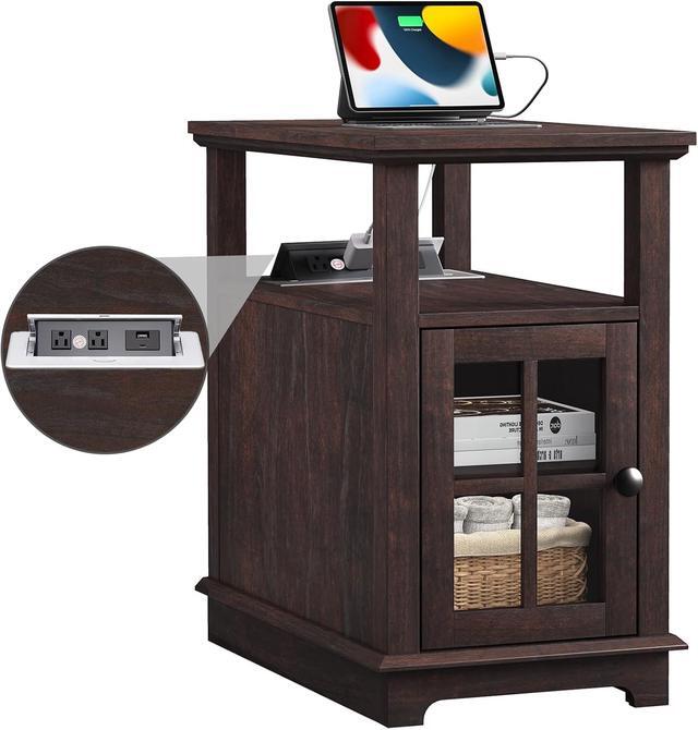 End Table With Charging Station, Flip Top Side Table With Storage Shelf Usb Ports Power Outlets Small Spaces Narrow Nightstand Living Room