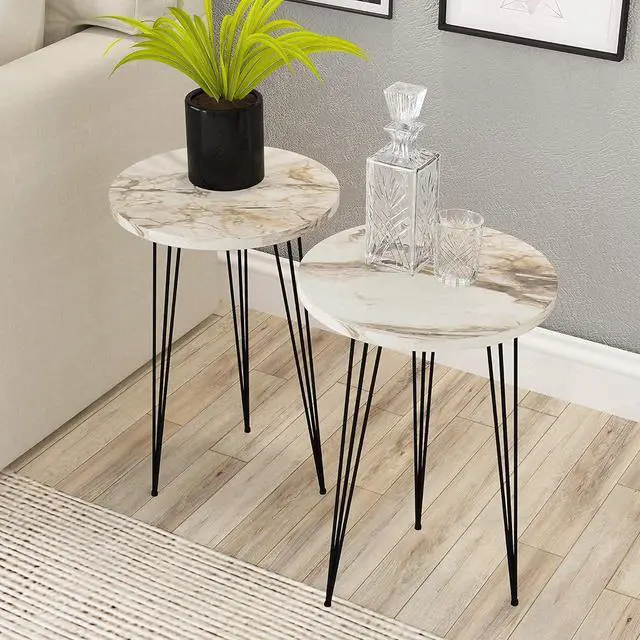Main image of PAK HOME - Set of 2 End Table - White Marble Look Round Wood Sofa Side Coffee Tables for Small Spaces, Nightstand Bedside Table for Small Spaces