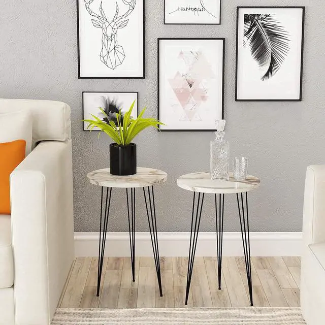 Alt view image 3 of 6 - PAK HOME - Set of 2 End Table - White Marble Look Round Wood Sofa Side Coffee Tables for Small Spaces, Nightstand Bedside Table for Small Spaces