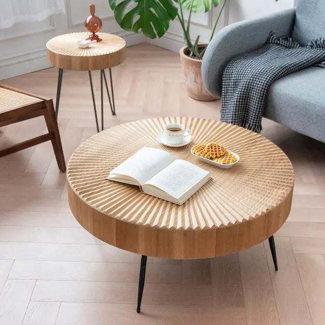 Main image of LONYKE 2-Piece Farmhouse Nesting Table Round with Handcrafted Wood Radial Pattern, Modern Coffee Table Set for Living Room