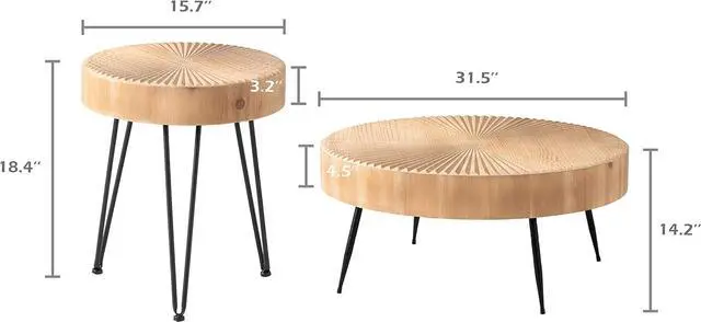 Alt view image 2 of 7 - LONYKE 2-Piece Farmhouse Nesting Table Round with Handcrafted Wood Radial Pattern, Modern Coffee Table Set for Living Room