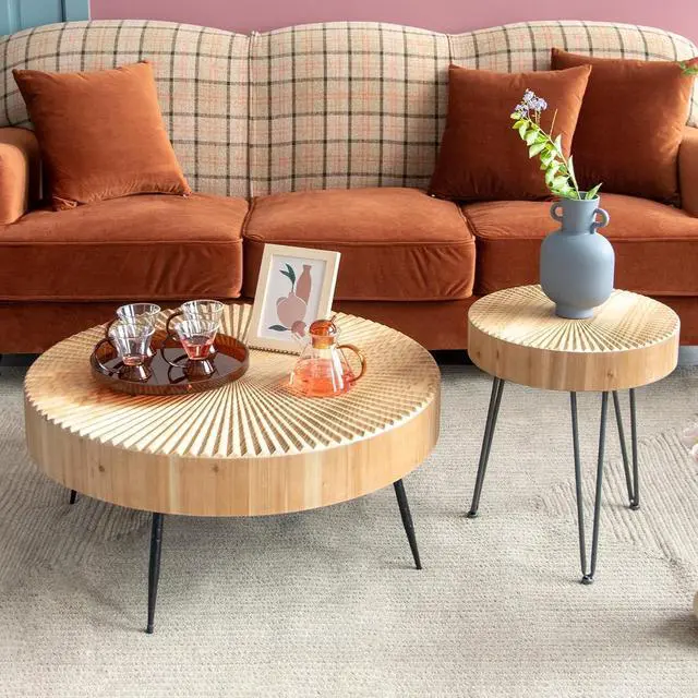 Alt view image 3 of 7 - LONYKE 2-Piece Farmhouse Nesting Table Round with Handcrafted Wood Radial Pattern, Modern Coffee Table Set for Living Room