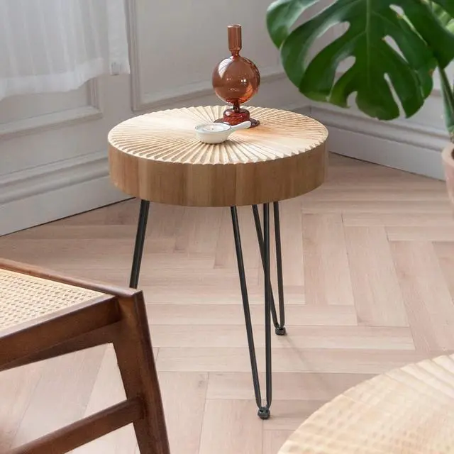 Alt view image 5 of 7 - LONYKE 2-Piece Farmhouse Nesting Table Round with Handcrafted Wood Radial Pattern, Modern Coffee Table Set for Living Room