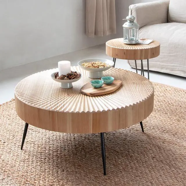 Alt view image 6 of 7 - LONYKE 2-Piece Farmhouse Nesting Table Round with Handcrafted Wood Radial Pattern, Modern Coffee Table Set for Living Room