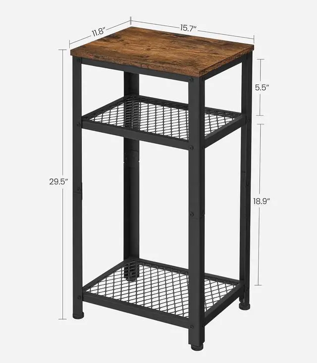 Alt view image 3 of 7 - VASAGLE 3-Tier Tall Side Table, Small Telephone End Table Stand with 2 Mesh Storage Shelves for Office, Bedroom, Living Room, Kitchen Cart, Rustic Brown and Black