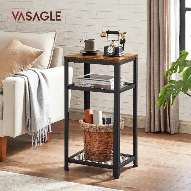 Alt view image 4 of 7 - VASAGLE 3-Tier Tall Side Table, Small Telephone End Table Stand with 2 Mesh Storage Shelves for Office, Bedroom, Living Room, Kitchen Cart, Rustic Brown and Black