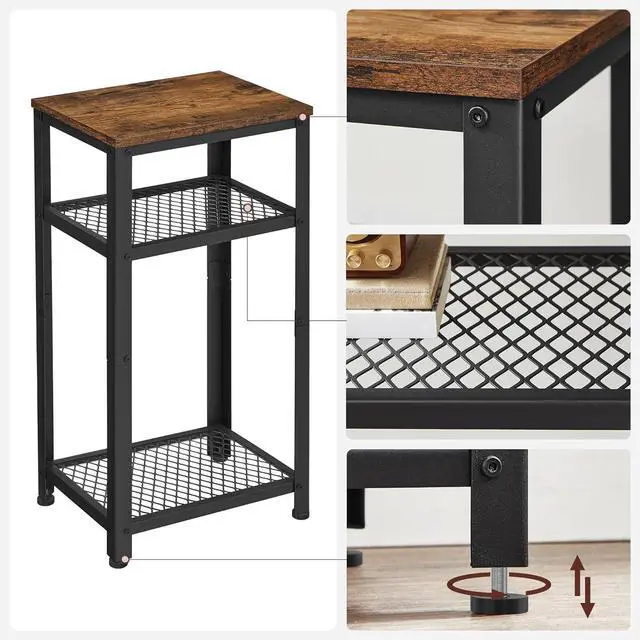 Alt view image 6 of 7 - VASAGLE 3-Tier Tall Side Table, Small Telephone End Table Stand with 2 Mesh Storage Shelves for Office, Bedroom, Living Room, Kitchen Cart, Rustic Brown and Black