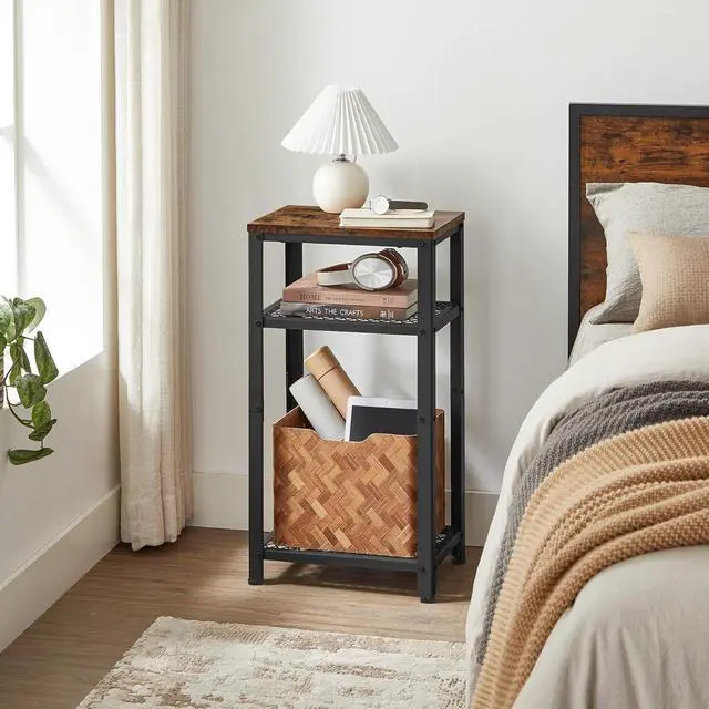 Alt view image 7 of 7 - VASAGLE 3-Tier Tall Side Table, Small Telephone End Table Stand with 2 Mesh Storage Shelves for Office, Bedroom, Living Room, Kitchen Cart, Rustic Brown and Black