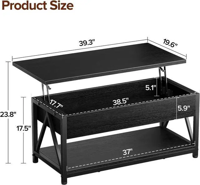 Alt view image 2 of 7 - Lift Top Coffee Table,Lift Coffee Tables with Storage Shelf and Large Hidden Compartment for Living Room,Lifting top Coffee Table for Small Space,Black