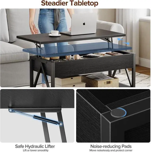 Alt view image 5 of 7 - Lift Top Coffee Table,Lift Coffee Tables with Storage Shelf and Large Hidden Compartment for Living Room,Lifting top Coffee Table for Small Space,Black
