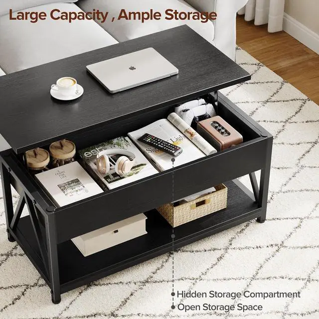 Alt view image 6 of 7 - Lift Top Coffee Table,Lift Coffee Tables with Storage Shelf and Large Hidden Compartment for Living Room,Lifting top Coffee Table for Small Space,Black