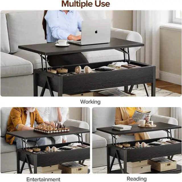 Alt view image 7 of 7 - Lift Top Coffee Table,Lift Coffee Tables with Storage Shelf and Large Hidden Compartment for Living Room,Lifting top Coffee Table for Small Space,Black