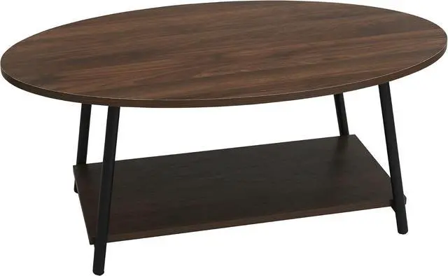 Main image of Household Essentials Jamestown Oval Coffee Table with Storage Shelf Mid Century Walnut Wood Grain and Black Metal