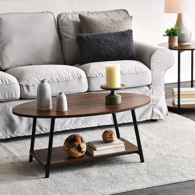 Alt view image 2 of 7 - Household Essentials Jamestown Oval Coffee Table with Storage Shelf Mid Century Walnut Wood Grain and Black Metal