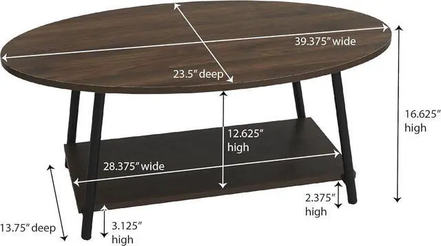 Alt view image 3 of 7 - Household Essentials Jamestown Oval Coffee Table with Storage Shelf Mid Century Walnut Wood Grain and Black Metal