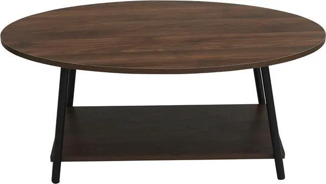 Alt view image 6 of 7 - Household Essentials Jamestown Oval Coffee Table with Storage Shelf Mid Century Walnut Wood Grain and Black Metal