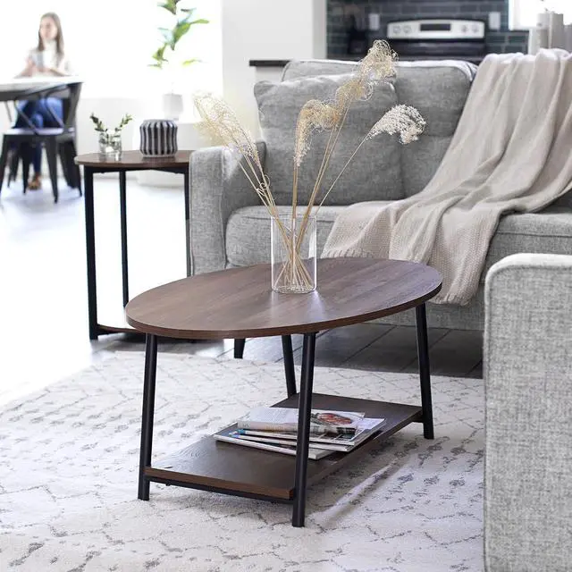 Alt view image 4 of 7 - Household Essentials Jamestown Oval Coffee Table with Storage Shelf Mid Century Walnut Wood Grain and Black Metal