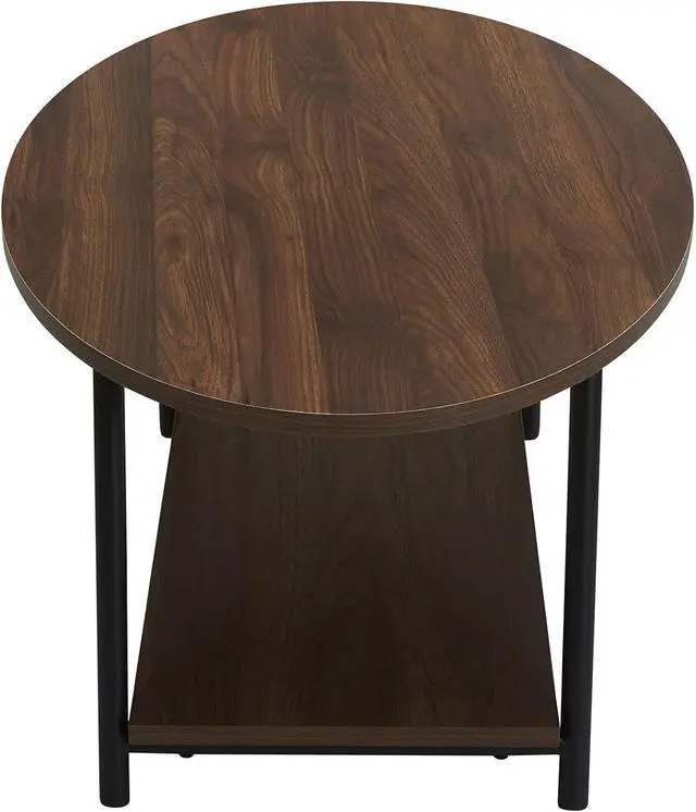 Alt view image 7 of 7 - Household Essentials Jamestown Oval Coffee Table with Storage Shelf Mid Century Walnut Wood Grain and Black Metal