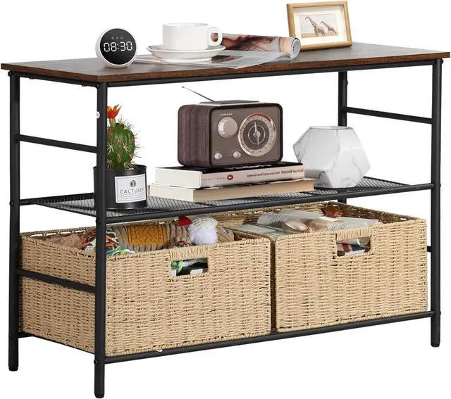 Main image of VECELO Industrial Console Table with 2 Wicker Basket Storage, Rustic Narrow Sofa Tables for Hallway Living Room, Corridor, Easy Assembly, Wide 2-Tier, Retro Brown