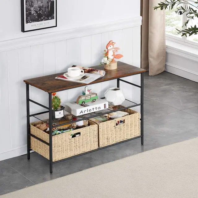 Alt view image 2 of 7 - VECELO Industrial Console Table with 2 Wicker Basket Storage, Rustic Narrow Sofa Tables for Hallway Living Room, Corridor, Easy Assembly, Wide 2-Tier, Retro Brown