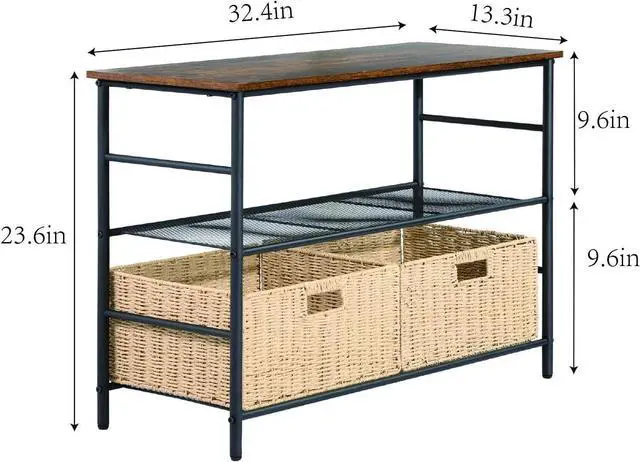 Alt view image 3 of 7 - VECELO Industrial Console Table with 2 Wicker Basket Storage, Rustic Narrow Sofa Tables for Hallway Living Room, Corridor, Easy Assembly, Wide 2-Tier, Retro Brown