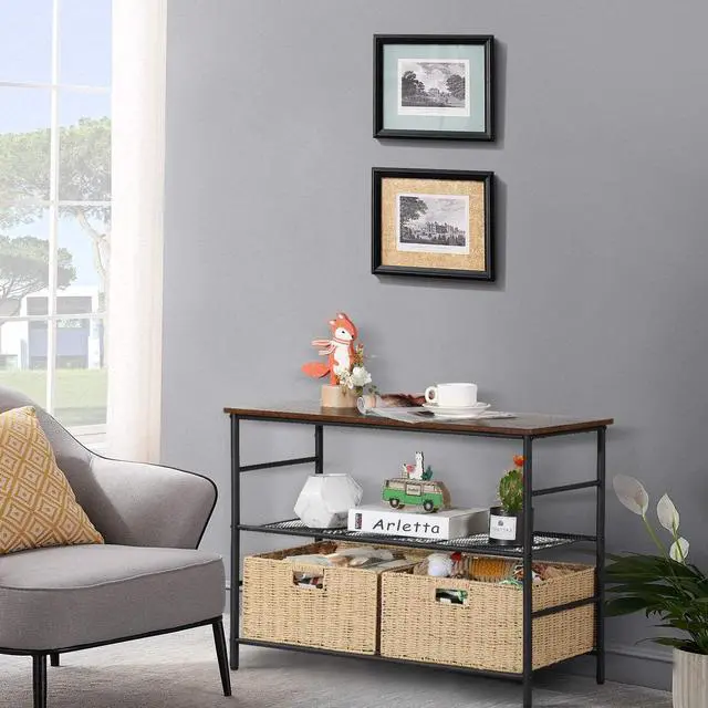 Alt view image 7 of 7 - VECELO Industrial Console Table with 2 Wicker Basket Storage, Rustic Narrow Sofa Tables for Hallway Living Room, Corridor, Easy Assembly, Wide 2-Tier, Retro Brown