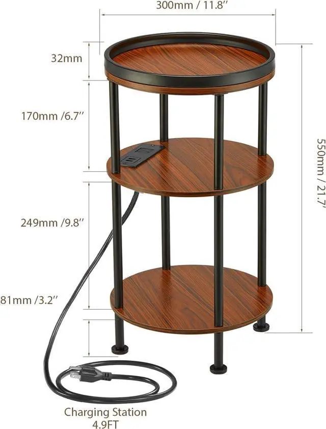 Alt view image 3 of 7 - Small Round Side Table with Charging Station for Small Spaces, 3-Tier Round Accent Table with 2 USB Ports & Power Outlets, Round Corner Table Small Sofa Side Table for Living Room Bedroom(USB, Cherry)