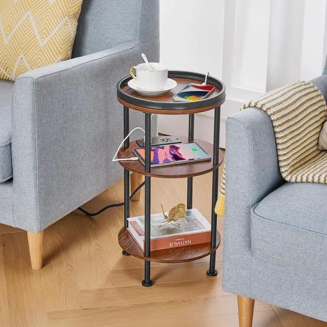 Alt view image 2 of 7 - Small Round Side Table with Charging Station for Small Spaces, 3-Tier Round Accent Table with 2 USB Ports & Power Outlets, Round Corner Table Small Sofa Side Table for Living Room Bedroom(USB, Cherry)