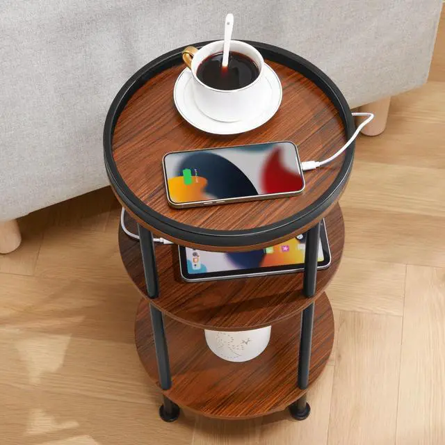 Alt view image 7 of 7 - Small Round Side Table with Charging Station for Small Spaces, 3-Tier Round Accent Table with 2 USB Ports & Power Outlets, Round Corner Table Small Sofa Side Table for Living Room Bedroom(USB, Cherry)