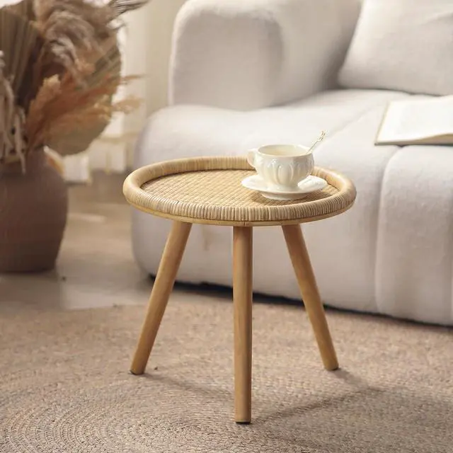 Alt view image 2 of 7 - Rattan Round Coffee Table, Boho Circle Side Table End Table for Living Room, Small Mid Century Accent Table for Bedroom Balcony
