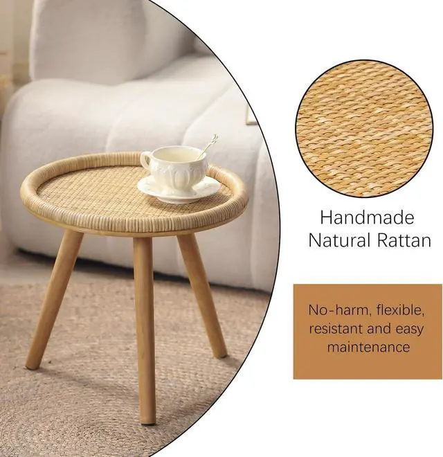 Alt view image 5 of 7 - Rattan Round Coffee Table, Boho Circle Side Table End Table for Living Room, Small Mid Century Accent Table for Bedroom Balcony