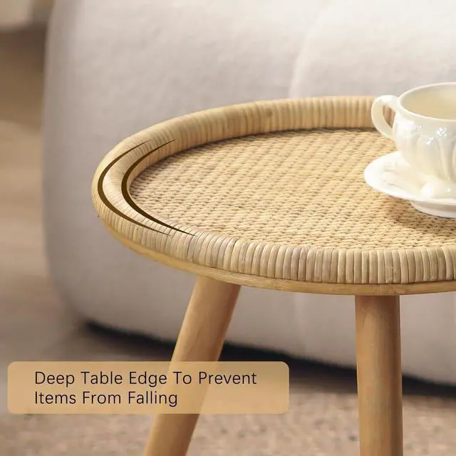 Alt view image 4 of 7 - Rattan Round Coffee Table, Boho Circle Side Table End Table for Living Room, Small Mid Century Accent Table for Bedroom Balcony