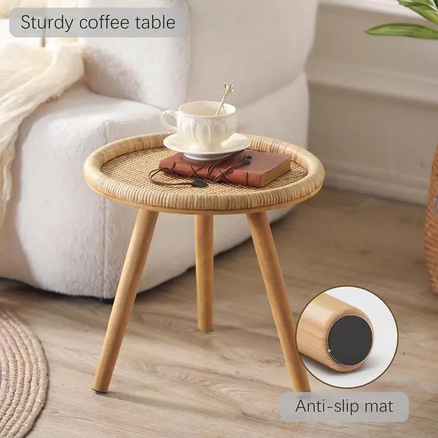 Alt view image 6 of 7 - Rattan Round Coffee Table, Boho Circle Side Table End Table for Living Room, Small Mid Century Accent Table for Bedroom Balcony
