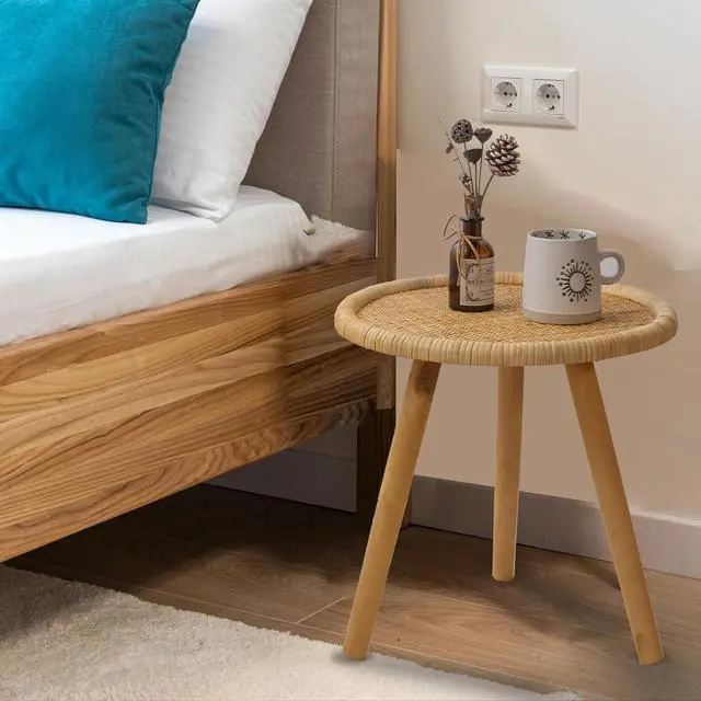 Alt view image 7 of 7 - Rattan Round Coffee Table, Boho Circle Side Table End Table for Living Room, Small Mid Century Accent Table for Bedroom Balcony