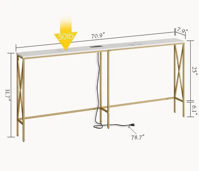Alt view image 3 of 7 - Masupu 70.9" Console Table with Power Outlet, Modern Narrow Long Sofa Table Behind Couch, Skinny Entry Table, Industrial Sofa Table with Metal Frame for Hallway, Living Room, Marble White