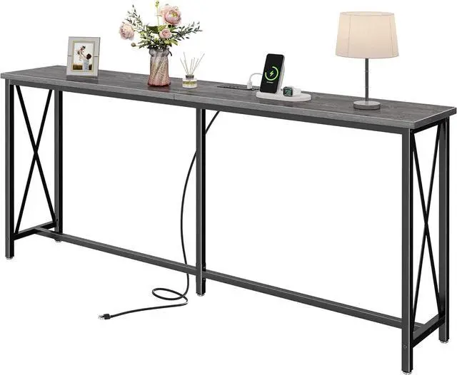 Main image of SUPERJARE 70 Inch Console Table with Outlets and USB-C Port, Extra Long Behind Couch Sofa Table with X-Shaped Design, Narrow for Entryway, Living Room, Metal Frame, Wooden Top, Grey