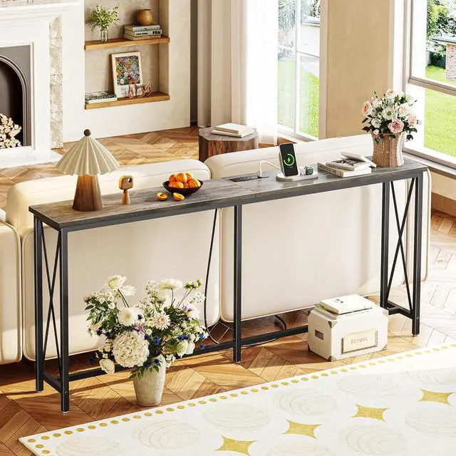 Alt view image 2 of 7 - SUPERJARE 70 Inch Console Table with Outlets and USB-C Port, Extra Long Behind Couch Sofa Table with X-Shaped Design, Narrow for Entryway, Living Room, Metal Frame, Wooden Top, Grey